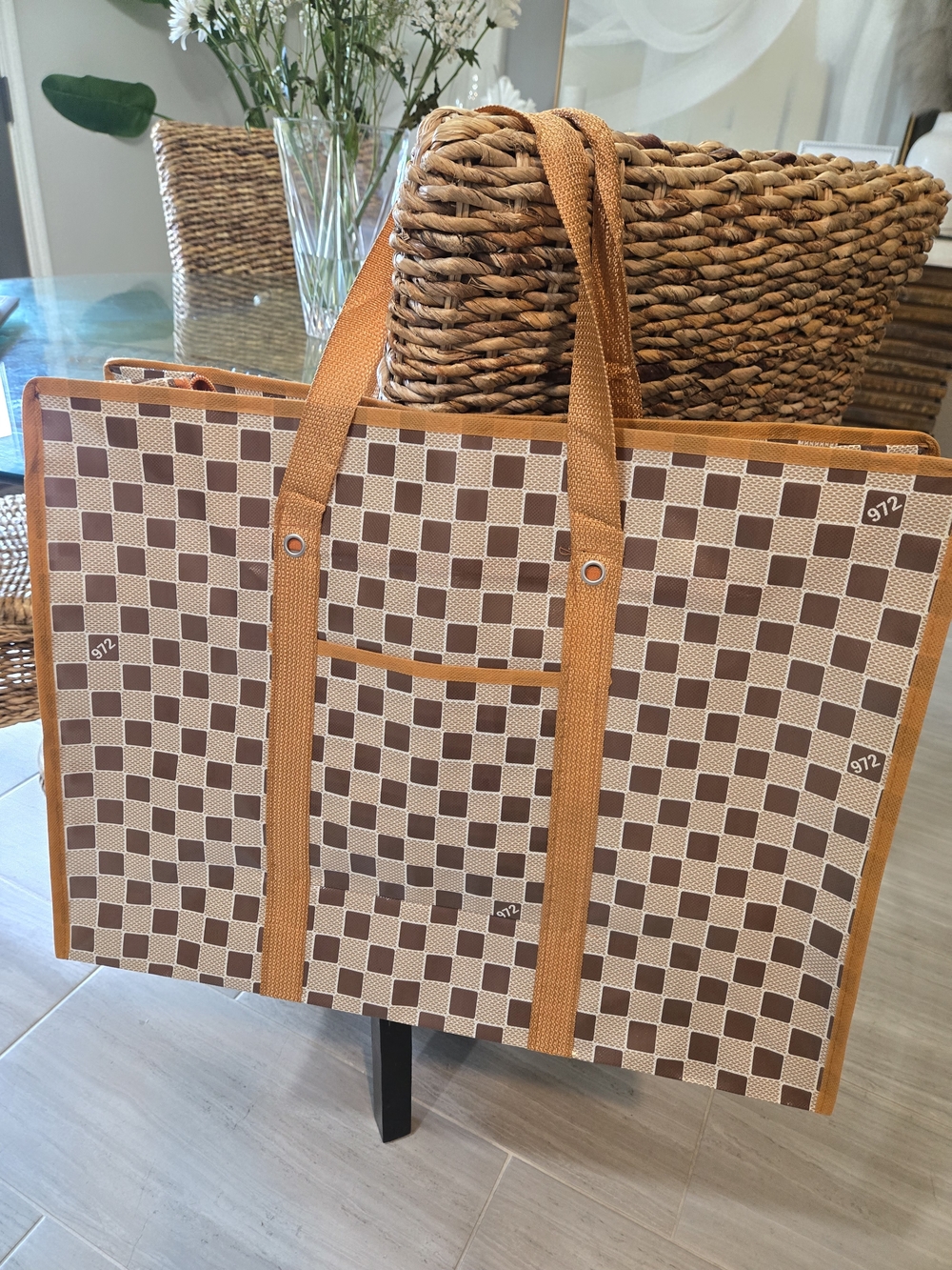 Brown Check Canvas Tote Bag with Orange Trim